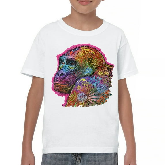 Tee Hunt Dean Russo Cute Gorilla Youth T-Shirt Colorful Silverback Ape Art Kids, White, Small