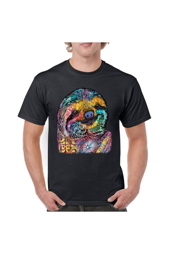 Dean Russo Cute Lazy Sloth T-Shirt Funny Wild Life Colorful Men's Tee, Black, Large