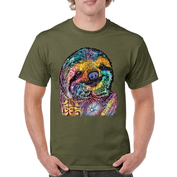 Tee Hunt Dean Russo Cute Lazy Sloth T-Shirt Funny Wild Life Colorful Men's Tee, Military Green, Small