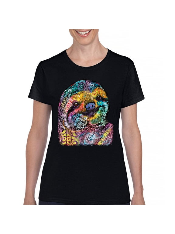 Dean Russo Cute Lazy Sloth T-Shirt Funny Wild Life Colorful Women's T-Shirt Tee, Black, Large