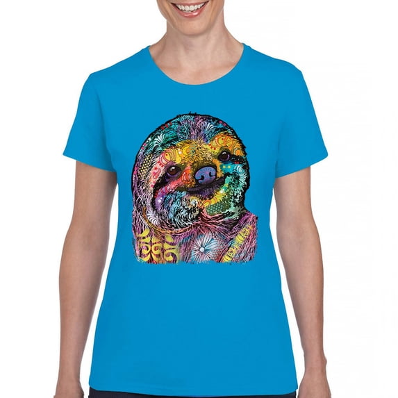Tee Hunt Dean Russo Cute Lazy Sloth T-Shirt Funny Wild Life Colorful Women's T-Shirt Tee, Light Blue, Large