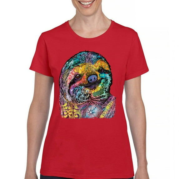 Tee Hunt Dean Russo Cute Lazy Sloth T-Shirt Funny Wild Life Colorful Women's T-Shirt Tee, Red, Medium