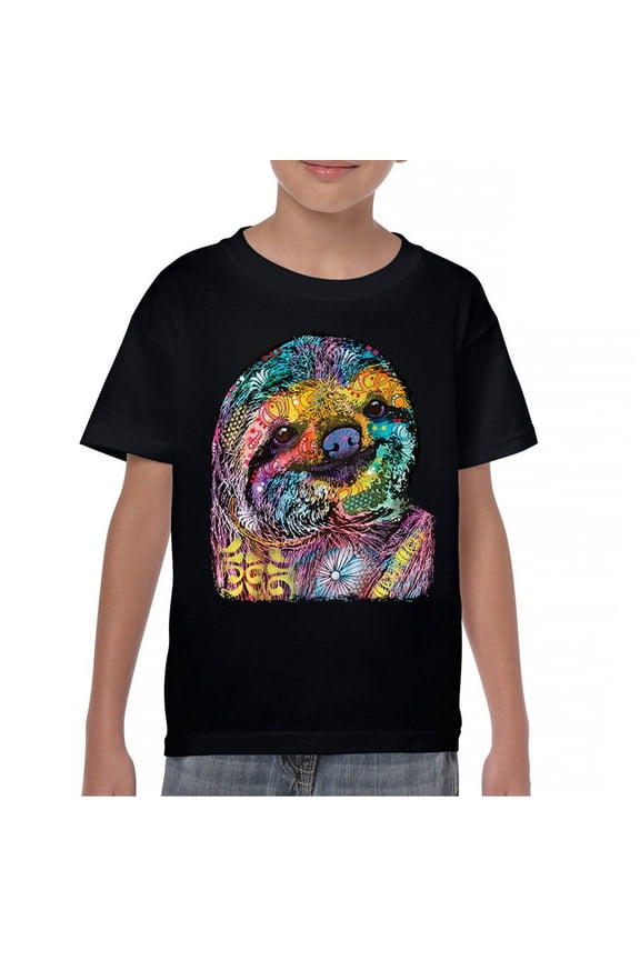 Dean Russo Cute Lazy Sloth Youth T-Shirt Funny Wild Life Colorful Kids, Black, Large