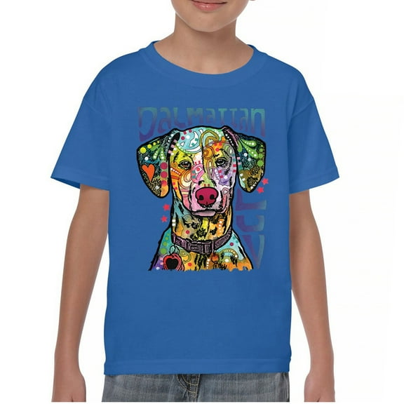 Tee Hunt Dean Russo Dalmatian Luv Colorful Dog Youth T-Shirt Neon Puppy Kids, Blue, Small