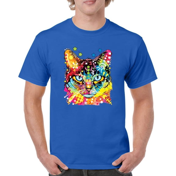 Tee Hunt Dean Russo Eyes Cat T-Shirt Neon Colorful Cute Kitten Men's Tee, Blue, Small