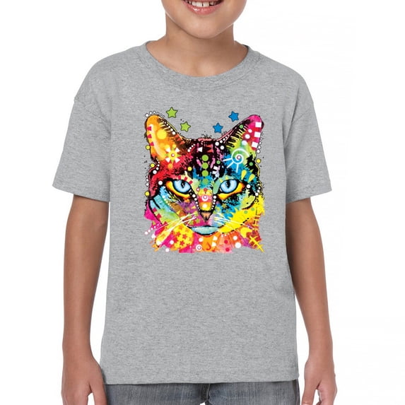 Tee Hunt Dean Russo Eyes Cat Youth T-Shirt Neon Colorful Cute Kitten Kids, Gray, Medium