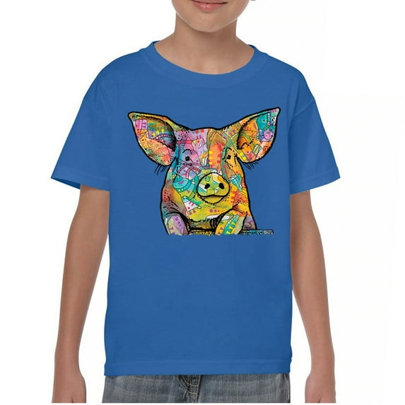 Tee Hunt Dean Russo Funny Cute Pig Youth T-Shirt Farm Piglet Lover Barn Kids, Blue, Medium