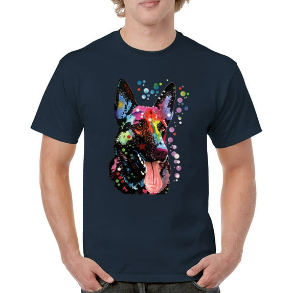 Tee Hunt Dean Russo German Shepherd T-Shirt Colorful Dog Best Friend Men's Tee, Navy Blue, Medium