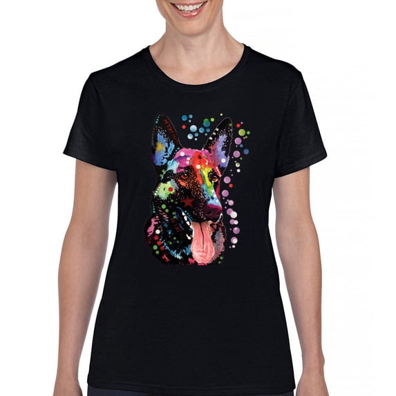 Tee Hunt Dean Russo German Shepherd T-Shirt Colorful Dog Best Friend Women's T-Shirt Tee, Black, X-Large