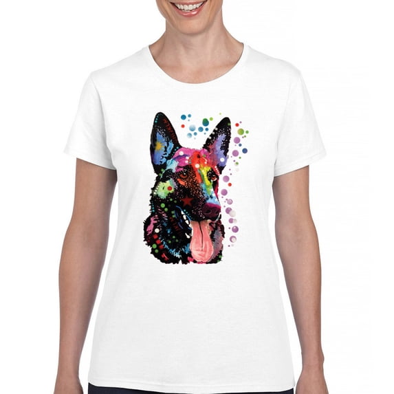 Tee Hunt Dean Russo German Shepherd T-Shirt Colorful Dog Best Friend Women's T-Shirt Tee, White, XX-Large