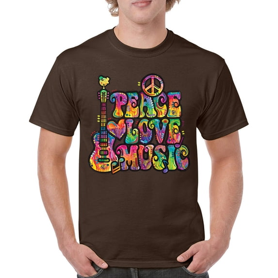 Tee Hunt Dean Russo Peace Love Music T-Shirt Guitar Happy Good Vibe Men's Tee, Brown, Large