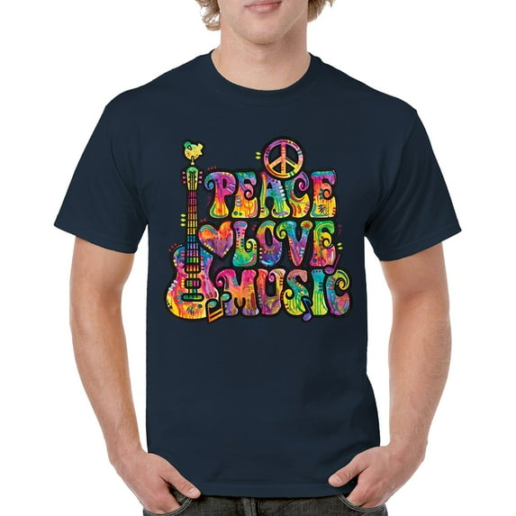 Tee Hunt Dean Russo Peace Love Music T-Shirt Guitar Happy Good Vibe Men's Tee, Navy Blue, Large