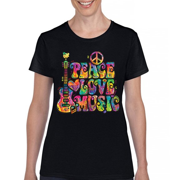 Tee Hunt Dean Russo Peace Love Music T-Shirt Guitar Happy Good Vibe Women's T-Shirt Tee, Black, XX-Large