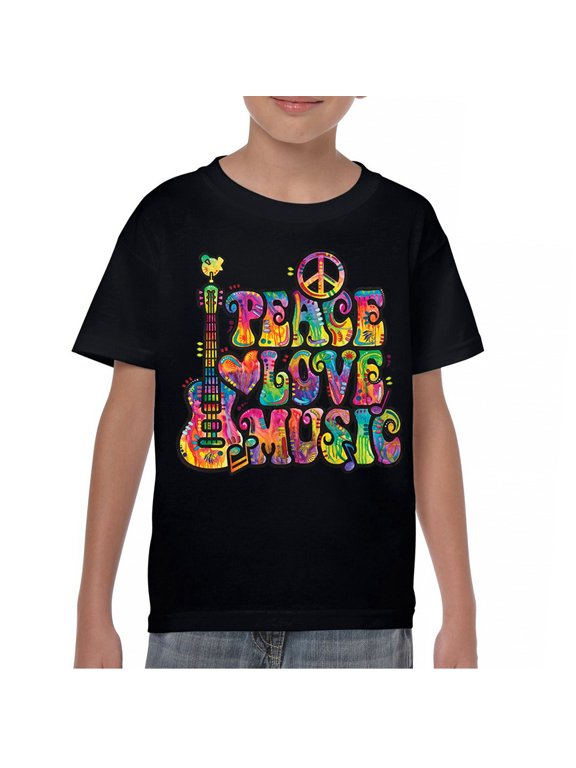 Dean Russo Peace Love Music Youth T-Shirt Guitar Happy Good Vibe Kids