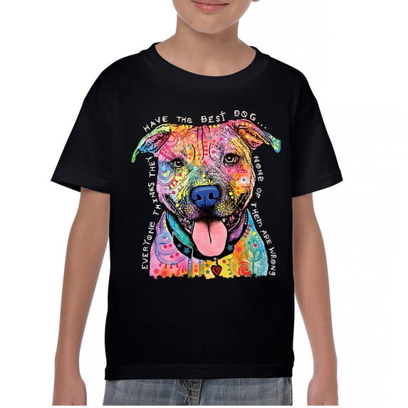 Tee Hunt Dean Russo Pets Art Pit Bull Youth T-Shirt Everyone Has Best Dogs Kids, Black, X-Large
