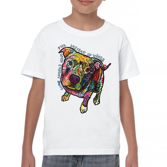 Tee Hunt Dean Russo Pit Bull Youth T-Shirt Dog Paw Some Angels Have Fur Kids, White, Large