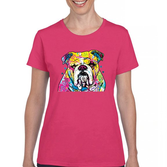 Tee Hunt Dean Russo Serious Bulldog T-Shirt Dog Best Friend Pet Paw Women's T-Shirt Tee, Pink, Small