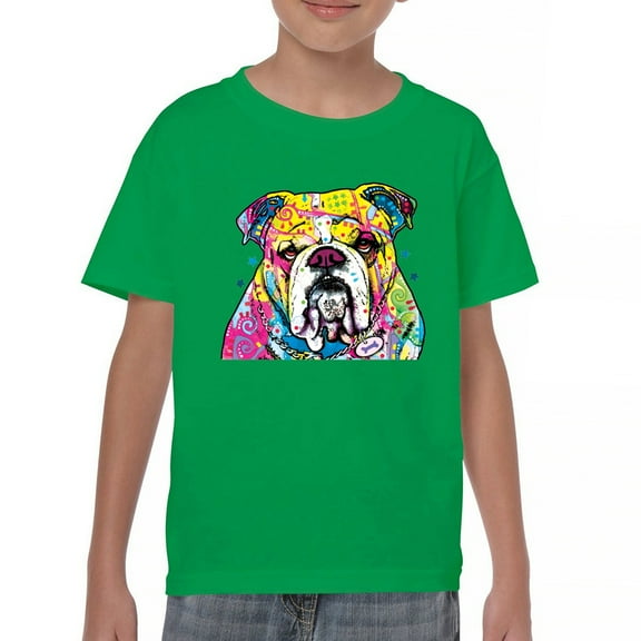 Tee Hunt Dean Russo Serious Bulldog Youth T-Shirt Dog Best Friend Pet Paw Kids, Green, Large