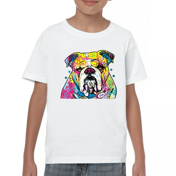 Tee Hunt Dean Russo Serious Bulldog Youth T-Shirt Dog Best Friend Pet Paw Kids, White, X-Large