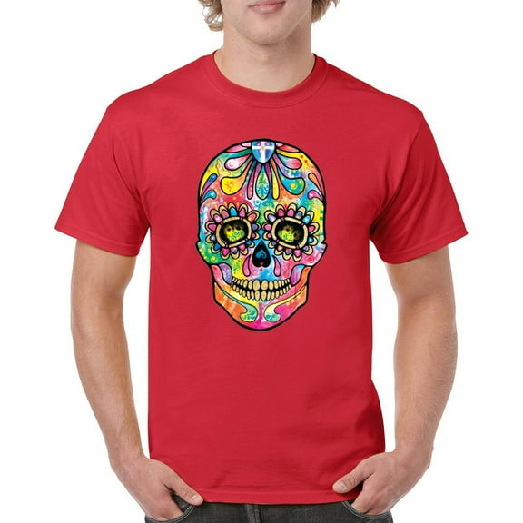 Tee Hunt Dean Russo Sugar Skull T-Shirt Day of The Dead Neon Calaver Men's Tee, Red, Medium