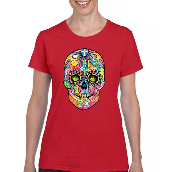 Tee Hunt Dean Russo Sugar Skull T-Shirt Day of The Dead Neon Calaver Women's T-Shirt Tee, Red, Small