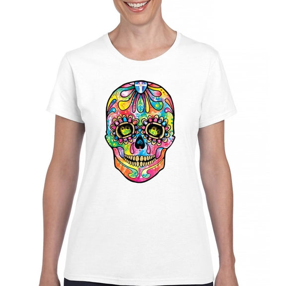 Tee Hunt Dean Russo Sugar Skull T-Shirt Day of The Dead Neon Calaver Women's T-Shirt Tee, White, Medium