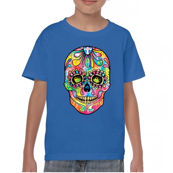 Tee Hunt Dean Russo Sugar Skull Youth T-Shirt Day of The Dead Neon Calaver Kids, Blue, Large