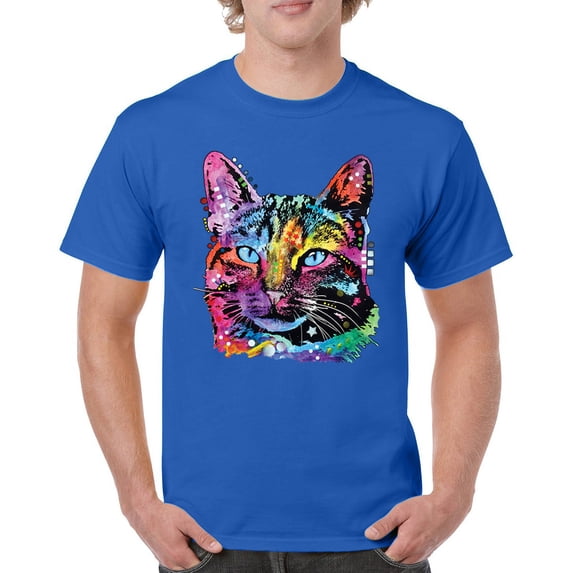 Tee Hunt Dean Russo Thoughtful Cat T-Shirt Colorful Pet Kitten Eyes Men's Tee, Blue, Medium