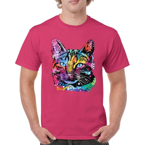 Tee Hunt Dean Russo Thoughtful Cat T-Shirt Colorful Pet Kitten Eyes Men's Tee, Hot Pink, Medium