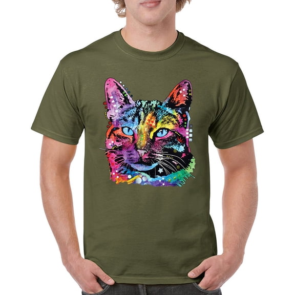 Tee Hunt Dean Russo Thoughtful Cat T-Shirt Colorful Pet Kitten Eyes Men's Tee, Military Green, X-Large