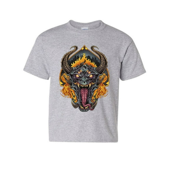 Tee Hunt Demon Face Youth T-Shirt Halloween Horror Devil Hell Nightmare Evil Kids Tee, Gray, Medium
