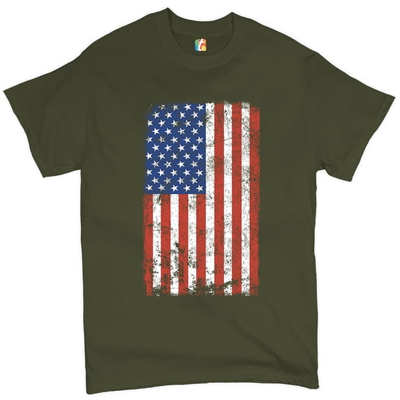 Tee Hunt Distressed Grunge American Flag T-Shirt Vintage 4th of July USA Men's Tee, Military Green, Medium