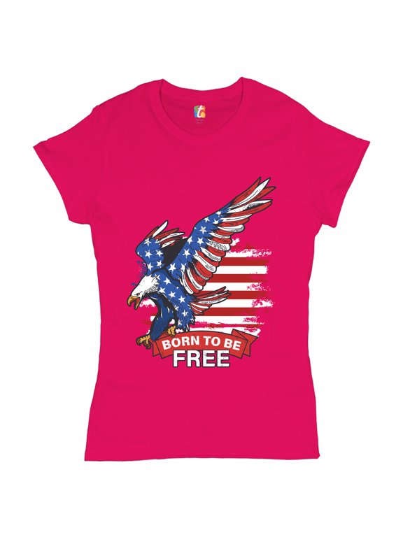 Diving Bald Eagle T-Shirt Born to Be Free American Flag 4th of July Women's T-Shirt Tee, Pink, Large