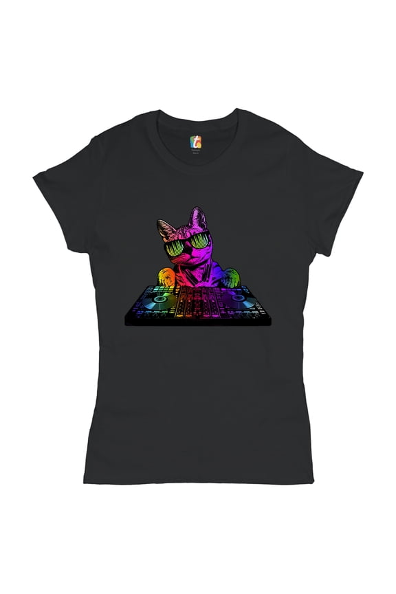 Dj Kitty T-Shirt Rainbow Cat Funny Animal Lovers Music Women's T-Shirt Tee