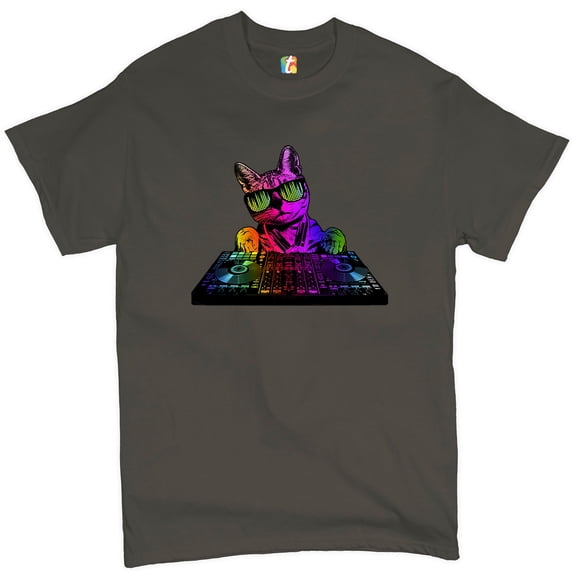 Tee Hunt Dj Kitty T-shirt Rainbow Cat Funny Animal Lovers Music Men's Tee, Charcoal, Medium