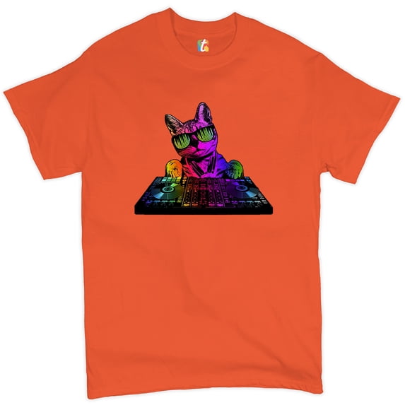 Tee Hunt Dj Kitty T-shirt Rainbow Cat Funny Animal Lovers Music Men's Tee, Orange, Small