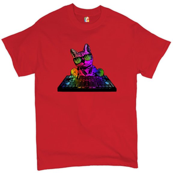 Tee Hunt Dj Kitty T-shirt Rainbow Cat Funny Animal Lovers Music Men's Tee, Red, XX-Large