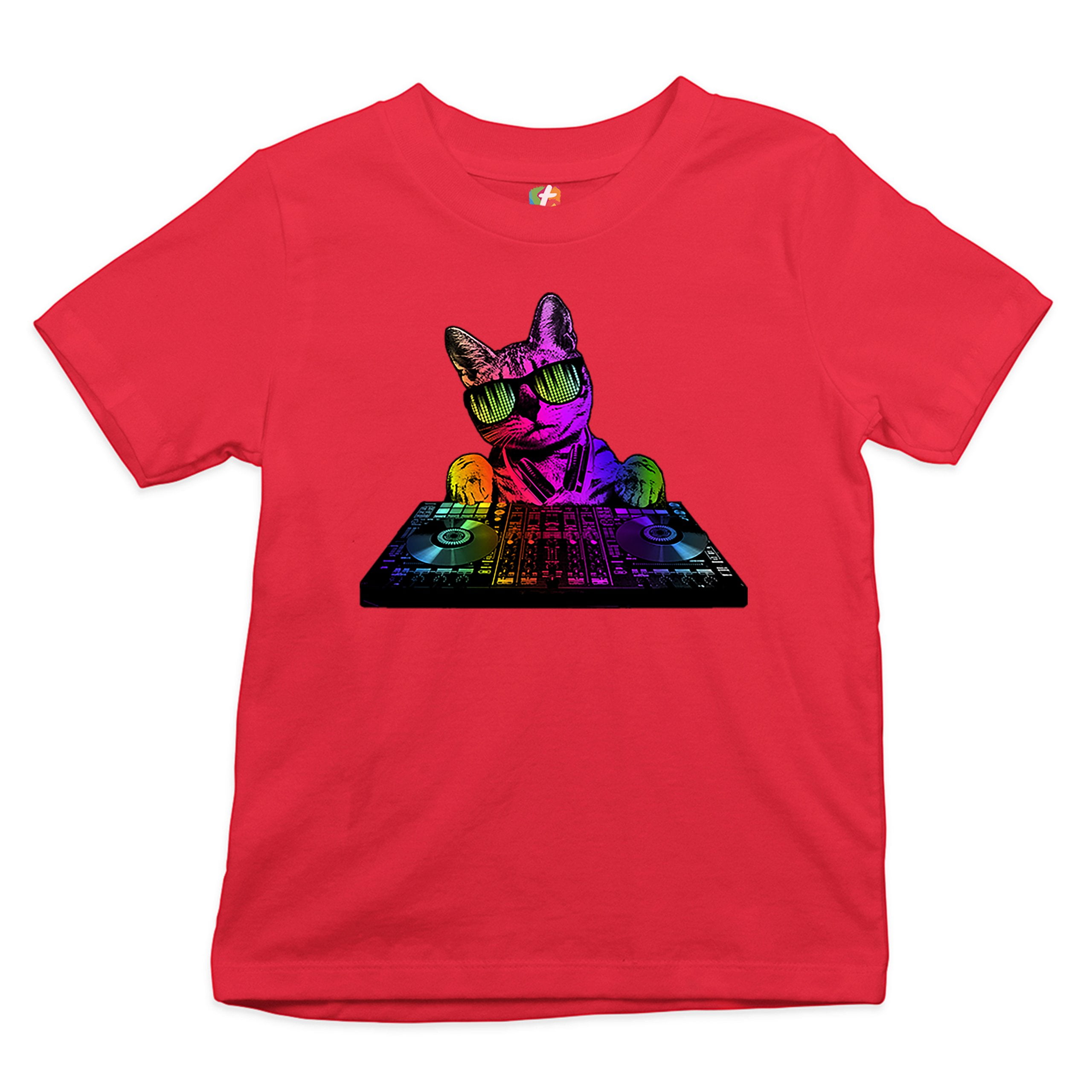 Tee Hunt Dj Kitty T-shirt Rainbow Cat Funny Animal Lovers Music