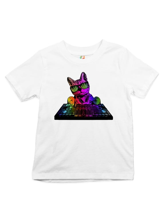 Dj Kitty Youth T-Shirt Rainbow Cat Funny Animal Lovers Music Kids, White, Large