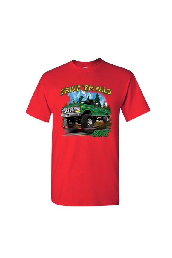 Drive 'Em Wild T-Shirt Ford Pickup Trucks F-150 Offroad Mud Ride Mens Shirt, Red, Large