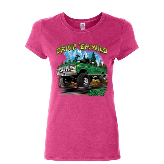 Tee Hunt Drive 'Em Wild Women's T-Shirt Ford Pickup Trucks F-150 Offroad Mud Ride Shirt, Pink, XX-Large