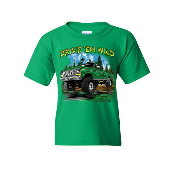 Tee Hunt Drive 'Em Wild Youth T-Shirt Ford Pickup Trucks F-150 Offroad Mud Ride Kids Tee, Green, Small