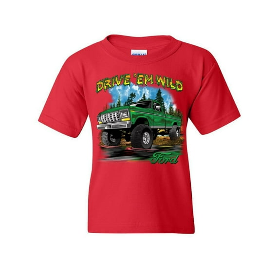 Tee Hunt Drive 'Em Wild Youth T-Shirt Ford Pickup Trucks F-150 Offroad Mud Ride Kids Tee, Red, Large
