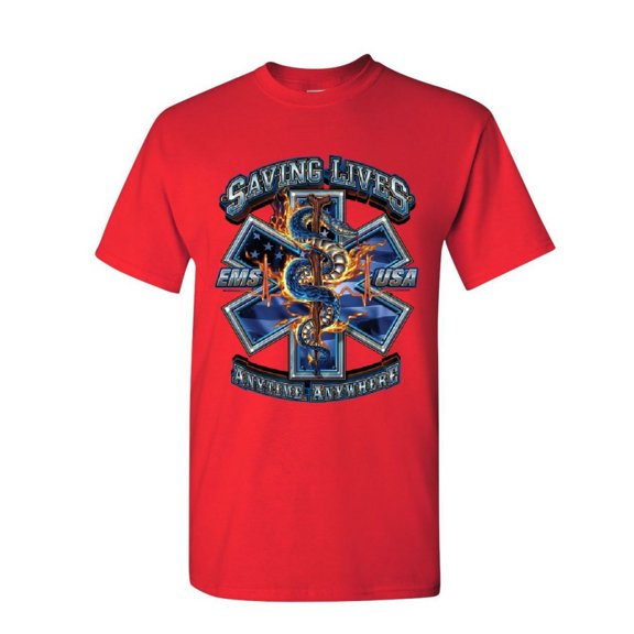 Tee Hunt EMS Saving Lives Anytime Anywhere T-Shirt Medic Emergency Rescue Mens Shirt, Red, X-Large