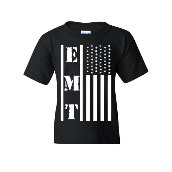 Tee Hunt EMT Stars and Stripes Youth T-Shirt First Responders Paramedic EMS Kids Tee, Black, Large