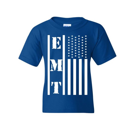 Tee Hunt EMT Stars and Stripes Youth T-Shirt First Responders Paramedic EMS Kids Tee, Blue, Medium