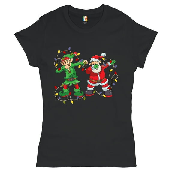Tee Hunt Elf and Santa Claus Dab Dancing T-Shirt Merry and Bright Christmas Women's T-Shirt Tee, Black, XX-Large