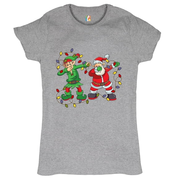 Tee Hunt Elf and Santa Claus Dab Dancing T-Shirt Merry and Bright Christmas Women's T-Shirt Tee, Gray, XX-Large