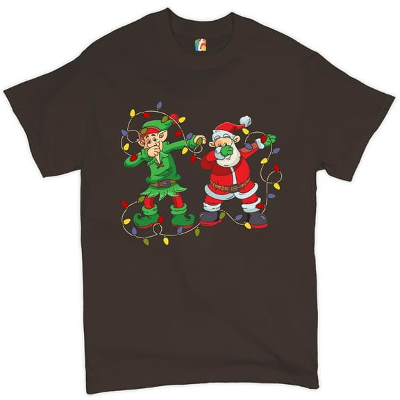 Tee Hunt Elf and Santa Claus Dab Dancing T-shirt Merry and Bright Christmas Men's Tee, Brown, X-Large