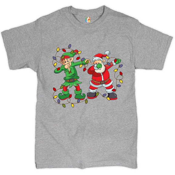 Tee Hunt Elf and Santa Claus Dab Dancing T-shirt Merry and Bright Christmas Men's Tee, Gray, XX-Large